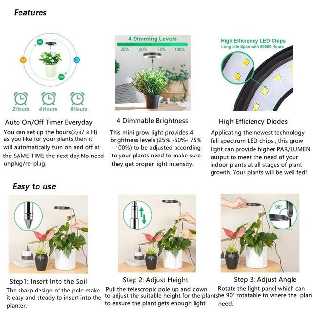 Plant Grow Light LED Growing Lamp, Full Spectrum, Height Adjustable, Auto Timer, Indoor Plant Light Solution